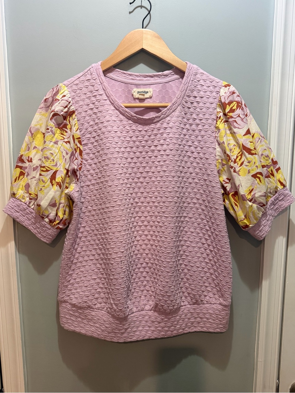 Porridge Anthropologie Lavender Textured Puff-Sleeve Blouse with Floral Sleeves